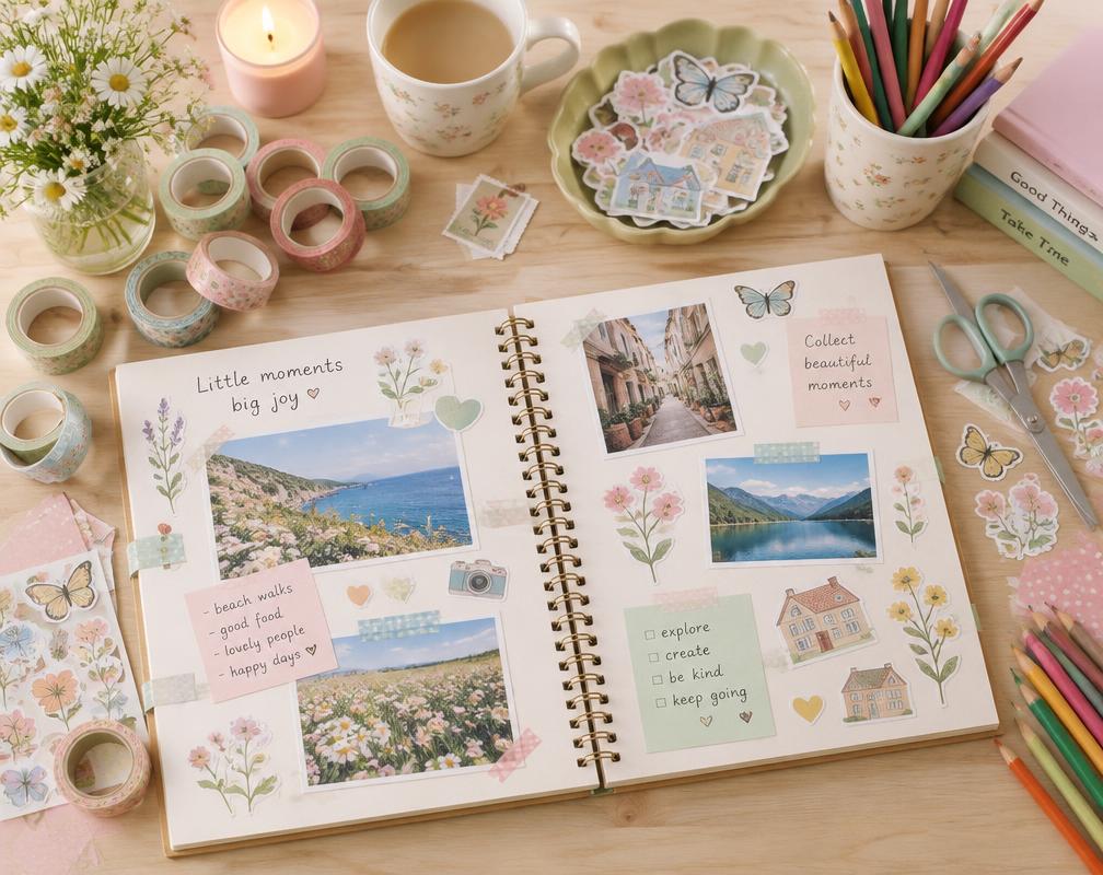 Pastel scrapbook craft table with washi tape and stickers
